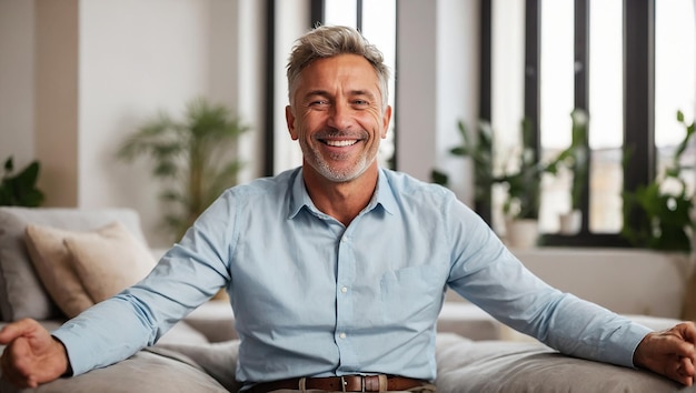 Portrait of a Happy Man Practicing Relaxation Exercises at Home in His Spacious and Bright Flat