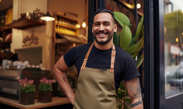 Portrait of happy man small business owner of coffee shop standing at entrance