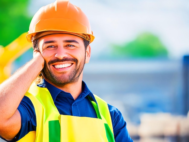 portrait of a happy man working as a Construction Worker on a Construction Site high quality image