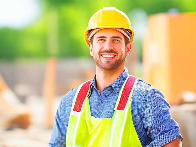 portrait of a happy man working as a Construction Worker on a Construction Site high quality image