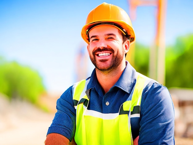 portrait of a happy man working as a Construction Worker on a Construction Site high quality image