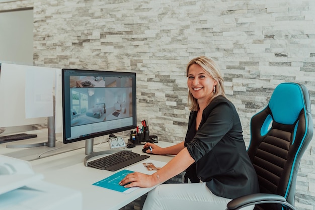 Portrait of a happy manager at bright office Smiling at camera while sitting at office deskHigh quality photo