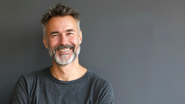 Photo portrait of a happy mature man with gray hair and beard smiling at the camera