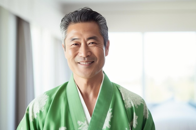 Portrait of happy middle aged Asian man in green kimono