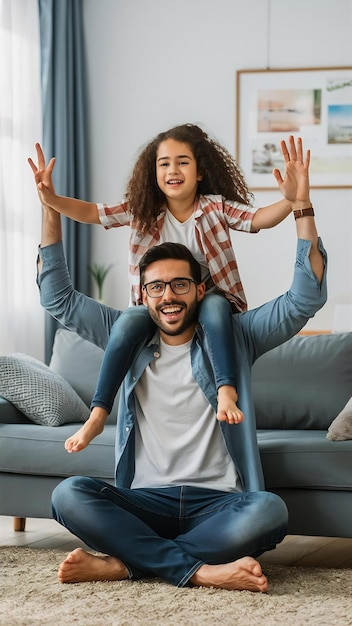 Portrait of happy middle eastern family father and daughter having fun at home