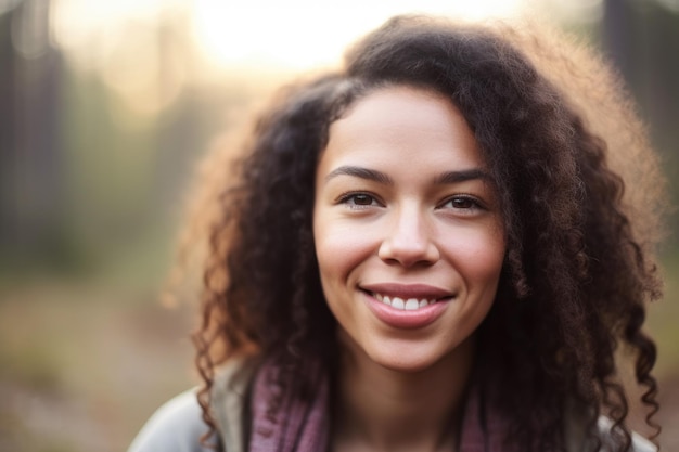 Portrait of a happy mixed race woman doing yoga outdoors created with generative ai