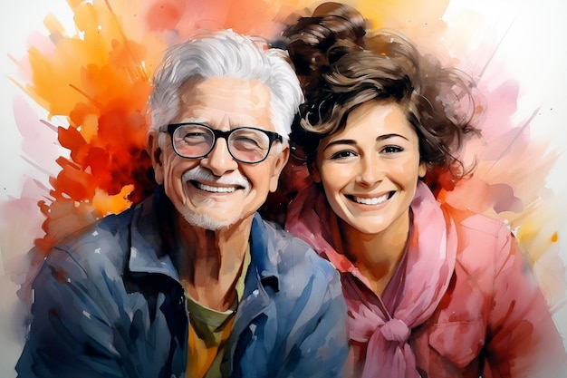 Portrait of happy mother and daughter Watercolor painting style