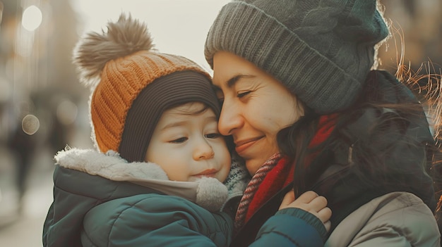 Portrait of a happy mother and her little daughter in winter clothes outdoors