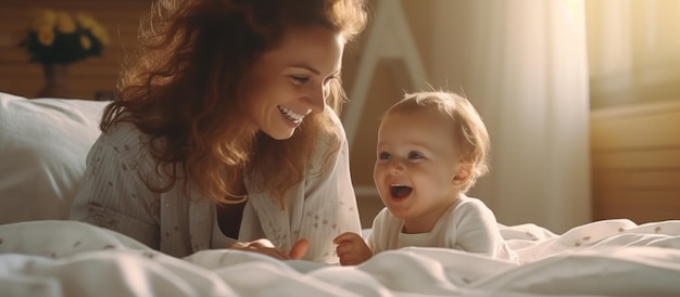 Portrait of a happy mother playing with her cute baby in bed happy family concept