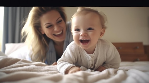 Portrait of a happy mother playing with her cute baby in bed happy family concept