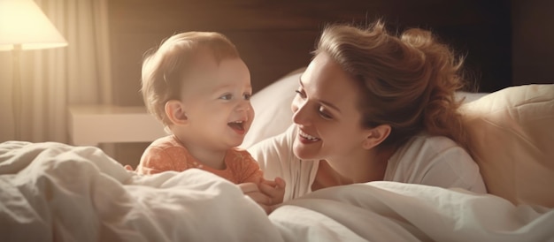 Portrait of a happy mother playing with her cute baby in bed happy family concept