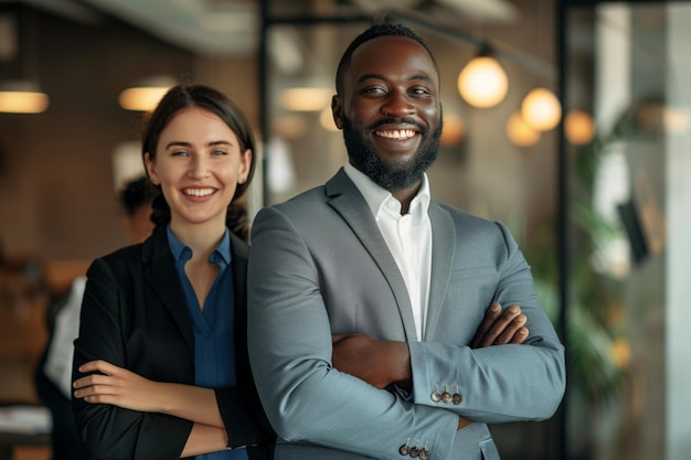 Portrait of happy multi ethnic business couple posing to camera