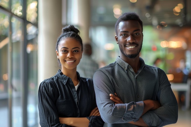 Portrait of happy multi ethnic business couple posing to camera