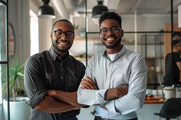 Portrait of happy multi ethnic business couple posing to camera