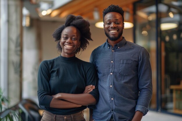 Portrait of happy multi ethnic business couple posing to camera