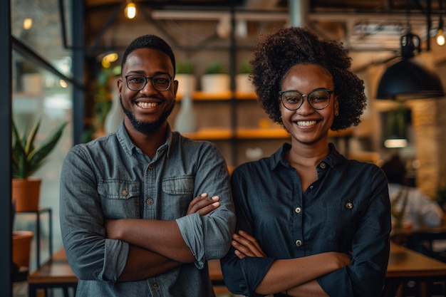 Portrait of happy multi ethnic business couple posing to camera