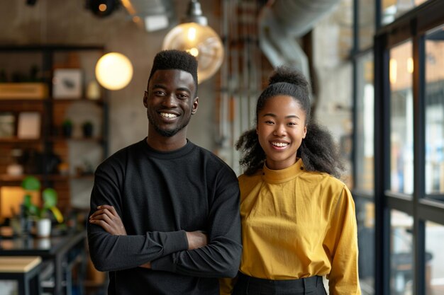 Portrait of happy multi ethnic business couple posing to camera