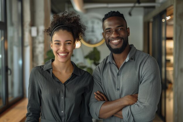 Portrait of happy multi ethnic business couple posing to camera