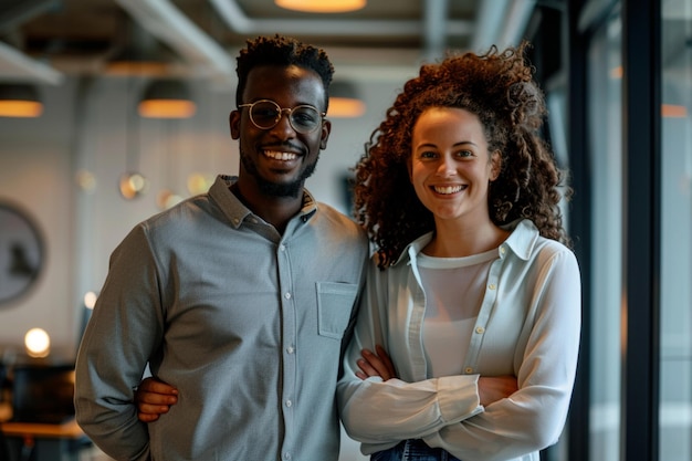 Portrait of happy multi ethnic business couple posing to camera