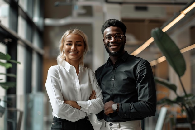 Portrait of happy multi ethnic business couple posing to camera