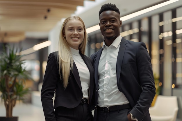 Portrait of happy multi ethnic business couple posing to camera