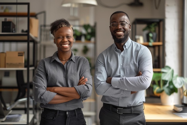 Portrait of happy multi ethnic business couple posing to camera