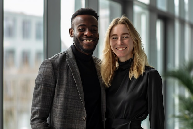 Portrait of happy multi ethnic business couple posing to camera