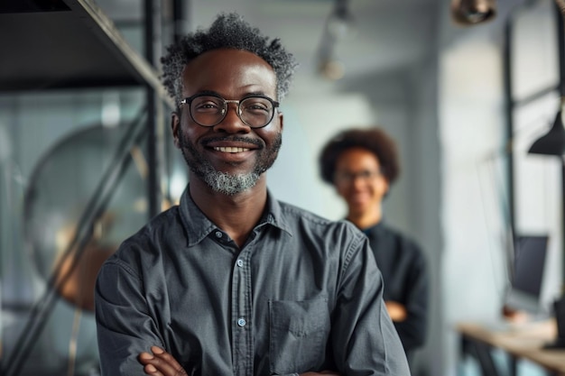 Portrait of happy multi ethnic business couple posing to camera