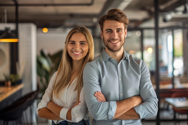 Portrait of happy multi ethnic business couple posing to camera