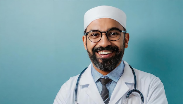 Portrait of a Happy Muslim Doctor wearing Glasses and Smiling