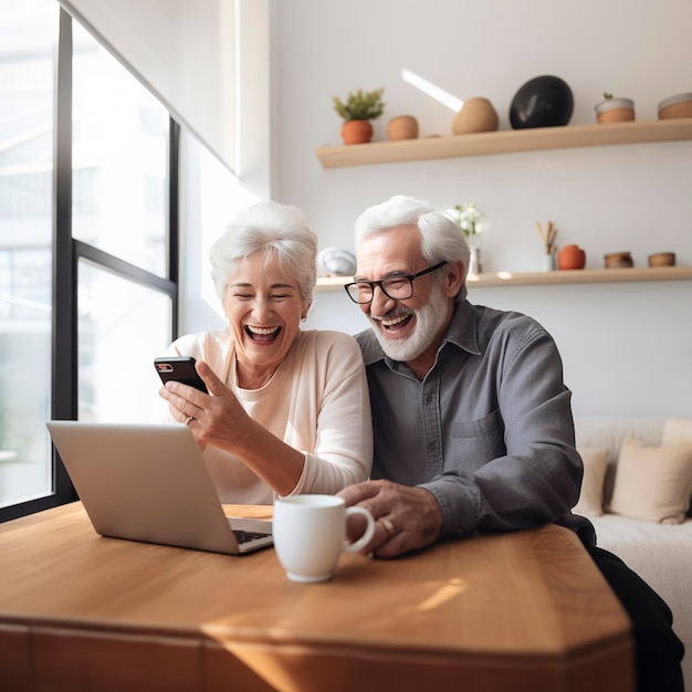 Portrait of a happy old senior couple with a laptop having a video call chat Retirement senior couple old age lifestyle communicating by connecting technology people