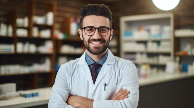 Portrait of a happy pharmacist providing pharmacy services medical advice on medicines vitamins dietary supplements and cosmetics to clients Medical worker Healthcare concepts