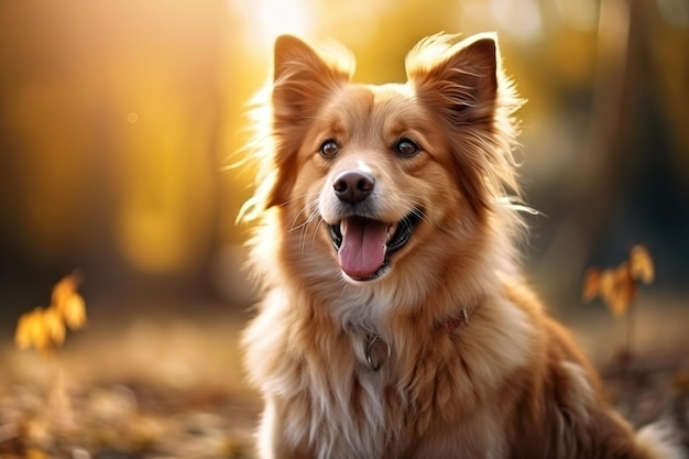 Portrait of happy red dog in autumn forest Cute pet in nature