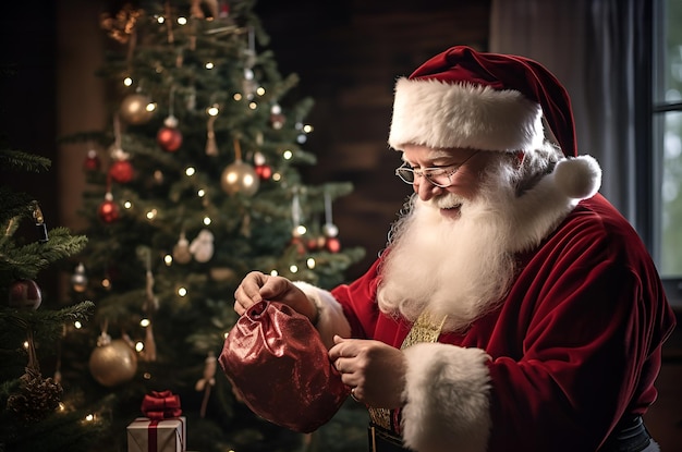 Portrait of happy Santa Claus holding Christmas present giftbox gift Red pocket or bag in his hands In front of green fir tree at home with decorations Santa prepare surprises Copy space for text