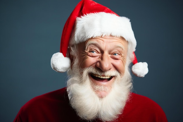 Portrait of happy Santa Claus looking at camera and laughing on gray background