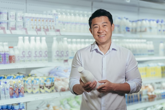 Portrait of happy and satisfied asian shopper in supermarket in dairy department man holding bottle