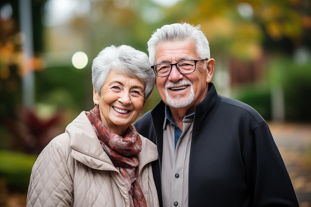 Portrait of a happy senior couple in the autumn park Background with selective focus and copy space