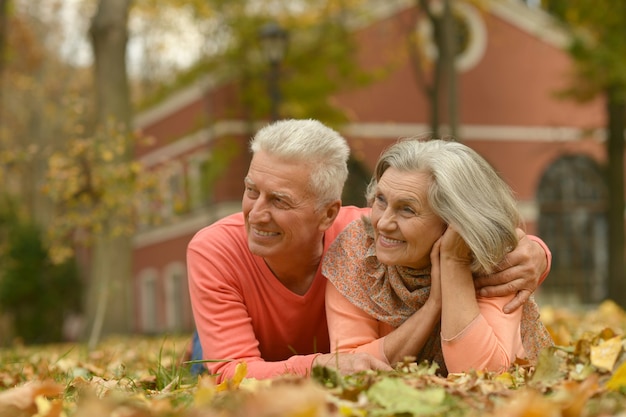 Portrait of happy senior couple in autumn park