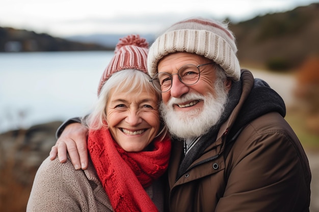 Portrait of happy senior couple in winter clothes looking at camera outdoors