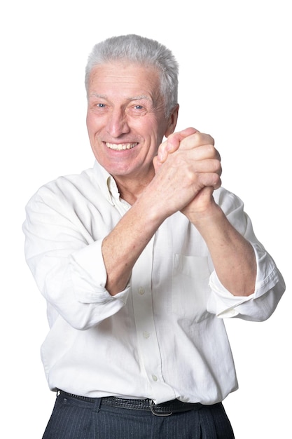 Portrait of happy senior man isolated on white background