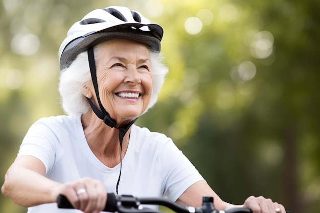 Portrait of a happy senior woman wearing a bicycle helmet created with generative ai