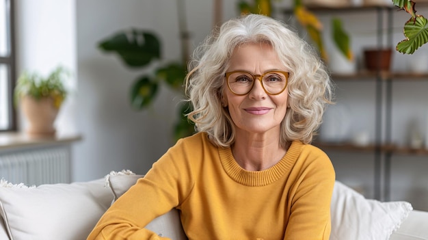 Photo portrait of happy senior woman with eyeglasses sitting on sofa at home