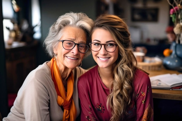 Portrait of happy senior woman with her adult daughter at home Realistic ilustration