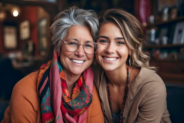 Portrait of happy senior woman with her adult daughter at home Realistic ilustration