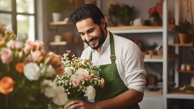 Portrait of a happy shopkeeper is smiling while making bouquet of flowers at his florist