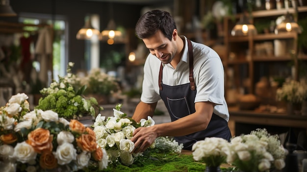 Portrait of a happy shopkeeper is smiling while making bouquet of flowers at his florist