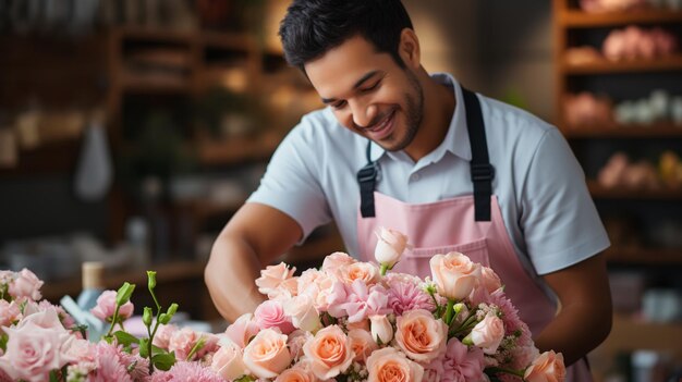 Portrait of a happy shopkeeper is smiling while making bouquet of flowers at his florist