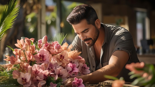 Portrait of a happy shopkeeper is smiling while making bouquet of flowers at his florist