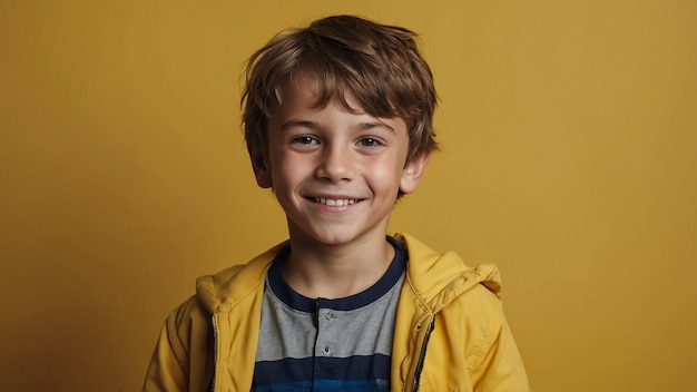 Portrait of happy small caucasian boy in front of yellow background thumbs up