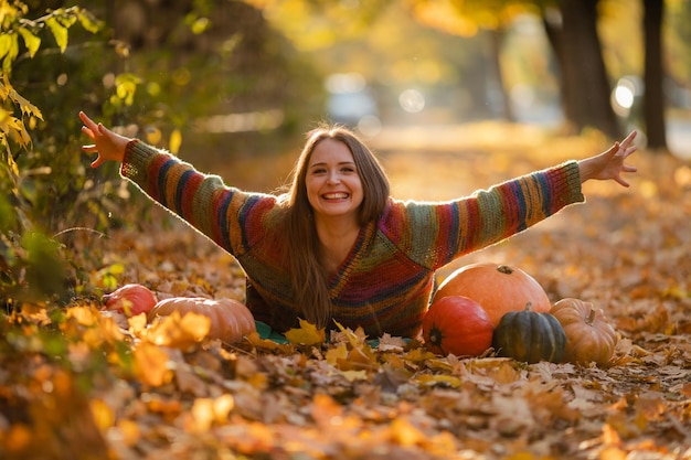 Portrait of happy smile woman with pumpkins in hand